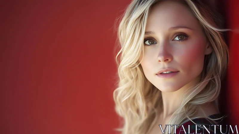 Shallow-depth blonde portrait against saturated red wall.