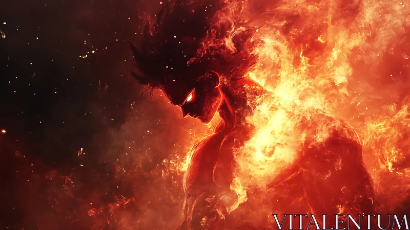 Flaming anime warrior emerging from swirling inferno blaze.