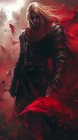 Storm-lit dark knight stands wrapped in flowing crimson winds