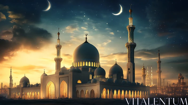 Grand illuminated mosque under twilight sky and crescents.