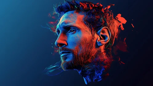 Vibrant digital portrait with blue and red light shards.