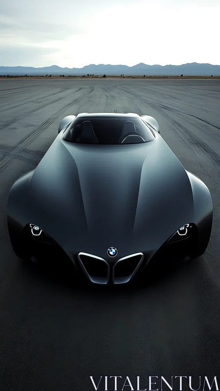 Midnight asphalt shark car poised on deserted salt runway.