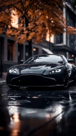 Black sports coupe under autumn rain on city street.