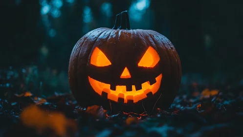Jack-o-lantern glows on wet ground in a dark outdoor setting