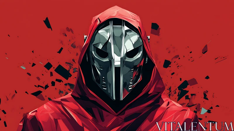 Metal-masked figure in crimson hood stands amid shattered void.