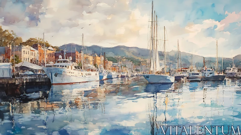 Harbor marina with reflected yachts in luminous watercolor atmosphere.