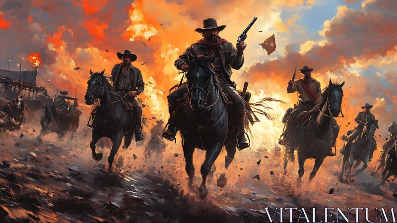 Cinematic digitally painted cowboy charge amid firestorm sky