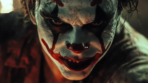 Sinister clown portrait leans from the shadows with feral glare