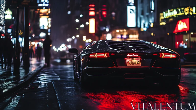 Rear supercar profile in neon drenched nocturnal streetscape.