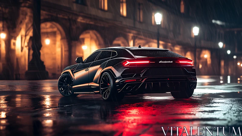 Sleek black supercar on rainy city street at night.