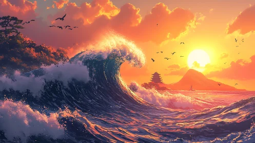 Sunlit ocean wave crowns before distant pagoda sunset.