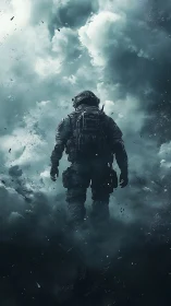 Armored soldier rises through stormy smoke and debris field
