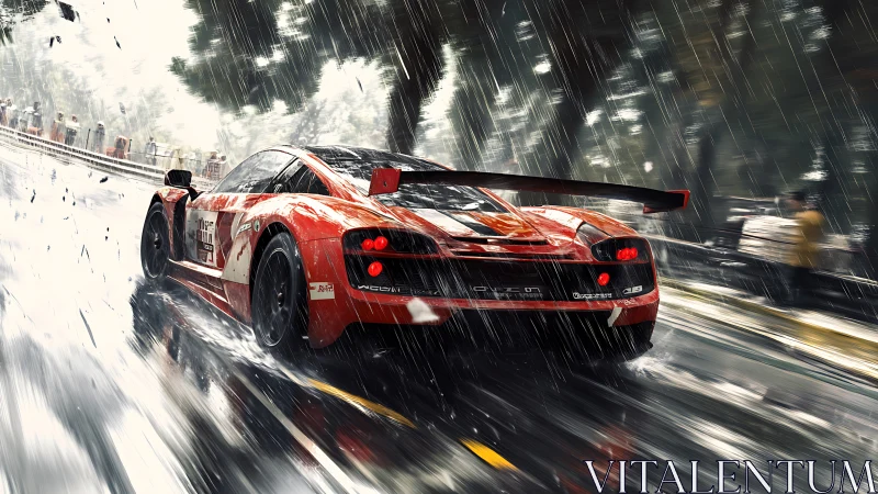 Red GT race car slashes through heavy rain at high speed.