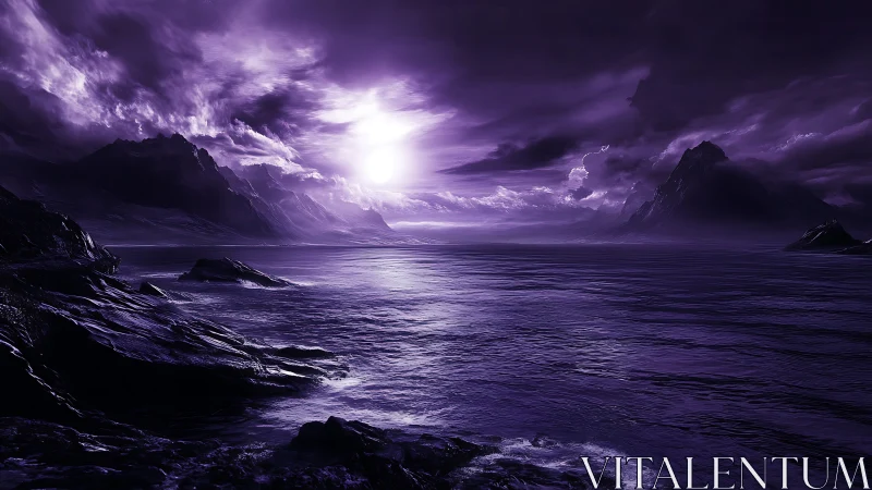 Monochromatic violet seascape renders backlit mountains and clouds