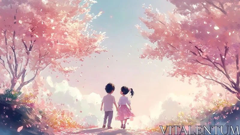 Two children under cherry blossoms in soft pastel anime style