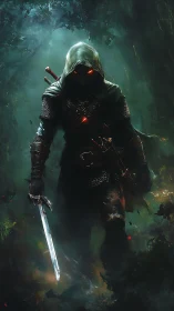 Hooded forest assassin with glowing eyes and blade poised.