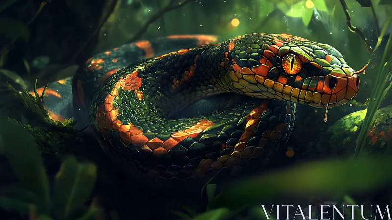 Coiled multicolored snake rendered in dense forest setting.