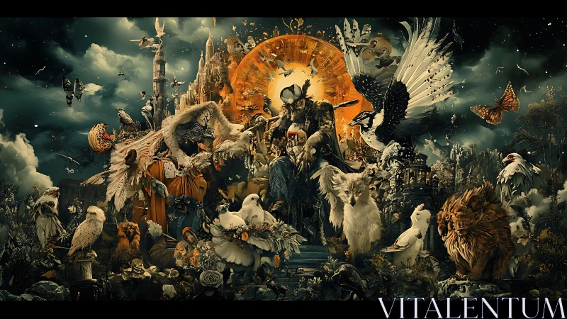 Mythic animal council gathers before radiant celestial gate