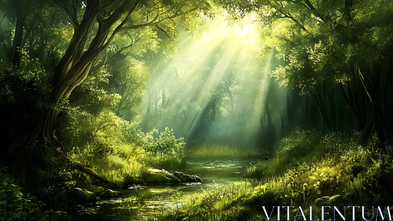 Sunlit forest stream glows softly in a tranquil, misty clearing