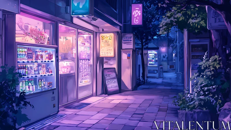 Neon-tinted corner shop hums softly through the blue night