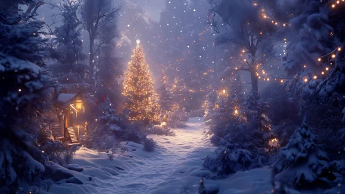 Snowy forest path glows with warm Christmas tree lights