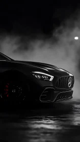 Front profile of black Mercedes sports car in low light.