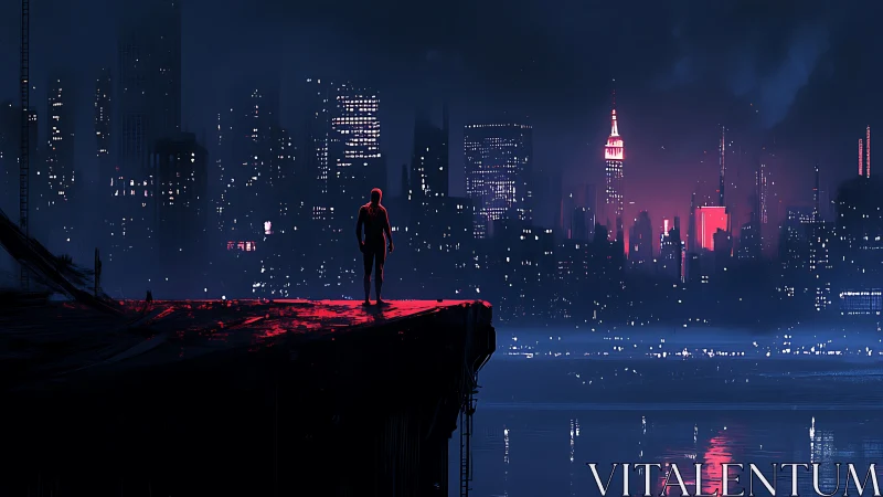 Lone watcher stains the night skyline in neon red hush