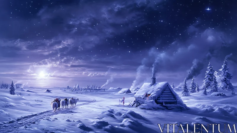 Midnight caravan curls through starlit snow toward hearthlight