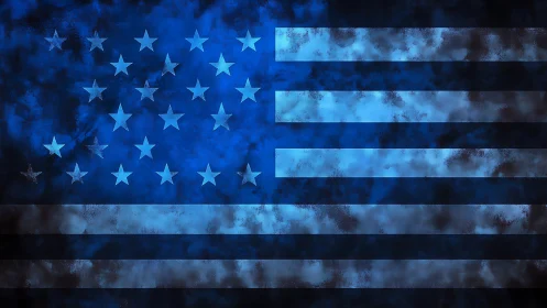 Blue reimagined American flag with textured smoke effect.