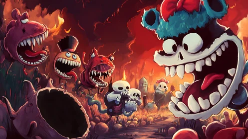 Cartoon skull creatures confront flying monsters in fiery field