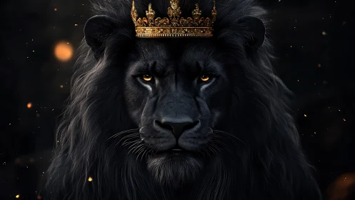 Dark-maned lion wearing ornate golden crown at center.