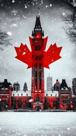 Maple-lit parliament tower glowing through winter snowfall.