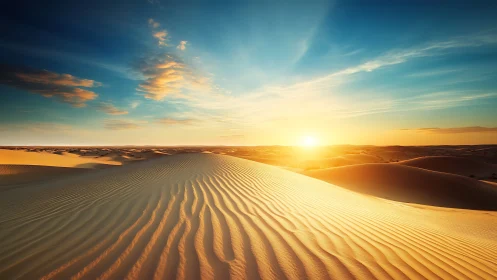 Desert sunrise over rippled sand dunes under vivid sky.