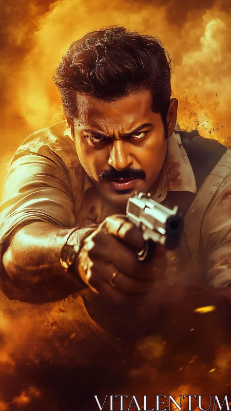 Grit-soaked avenger lunges through firestorm with leveled gun.