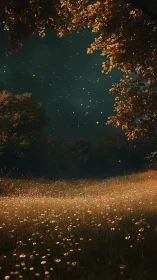 Starlit meadow whispers beneath a curtain of ember leaves