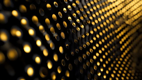 Abstract close-up of glowing gold dots on dark perforated surface.