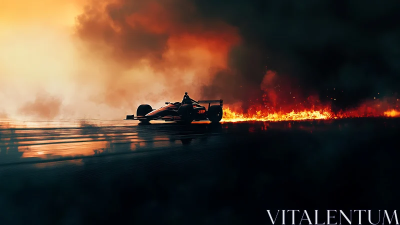 Formula racer cutting through blazing track haze at dusk.