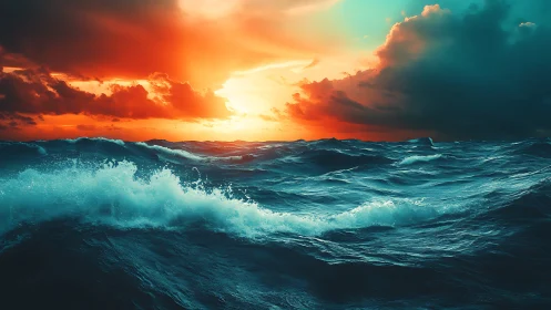 Stormlit ocean waves under blazing twilight horizon blaze.