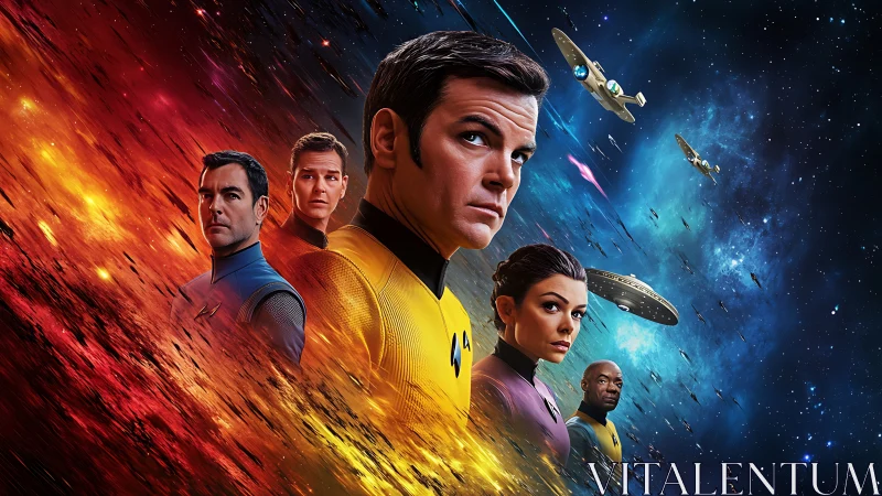 Stellar crew portrait amid fiery rift and cool nebulae.