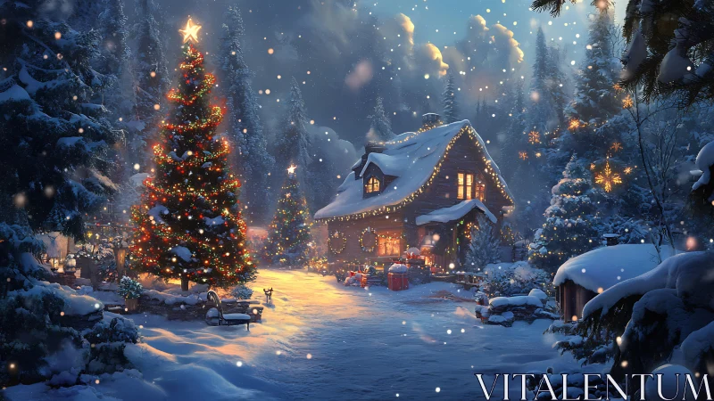 Snowy cabin Christmas lights glow warmly in a quiet forest