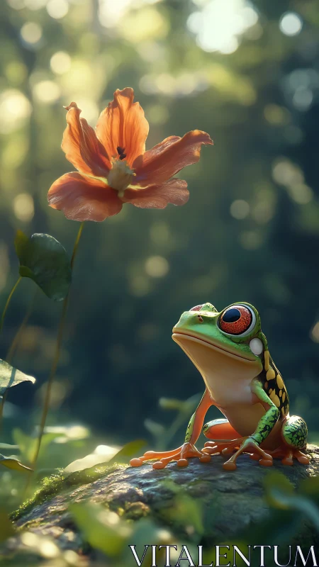Curious little frog admiring a glowing orange forest bloom.