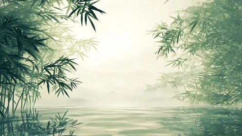 Serene bamboo lagoon reflects soft morning mist and light.