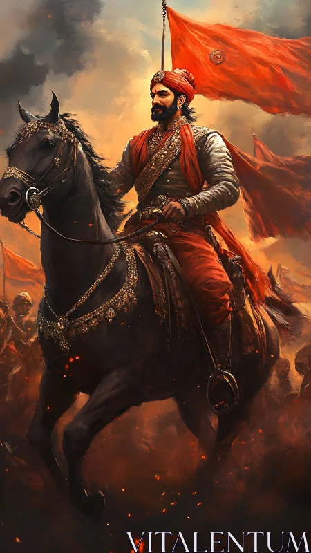 Armored rider in red leads cavalry through burning battlefield