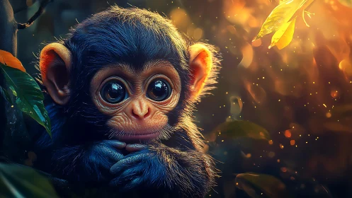 High-detail digital portrait shows baby monkey in warm bokeh light
