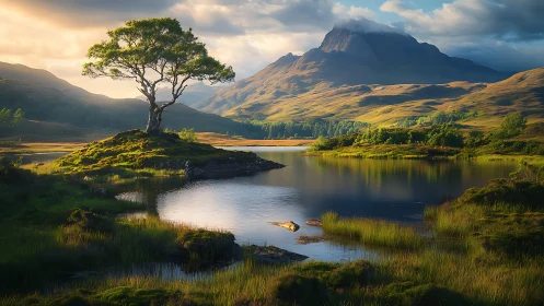 Solitary lakeside tree before distant sunlit mountain peak.