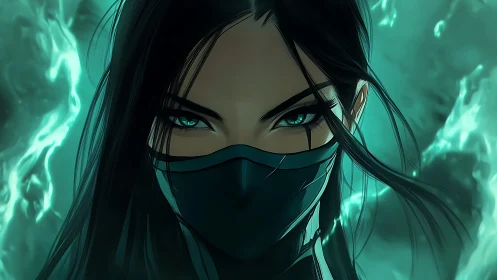 Masked cyber-assassin portrait framed by teal ethereal flames