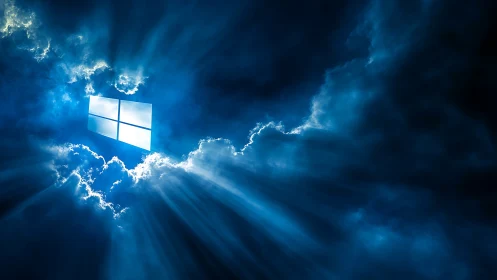Glowing window logo floats in dramatic blue storm clouds.