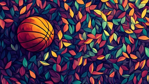 Basketball rests among dense multicolored stylized leaves