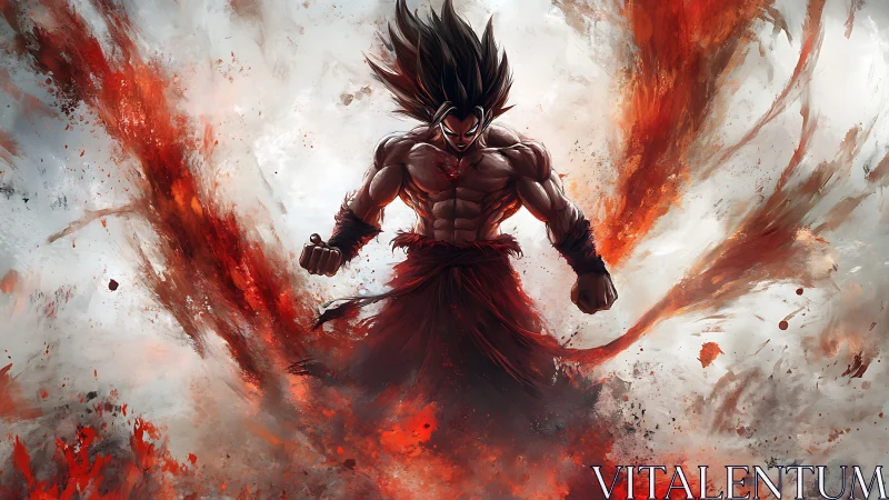 Fiery warrior rising in a storm of untamed power.