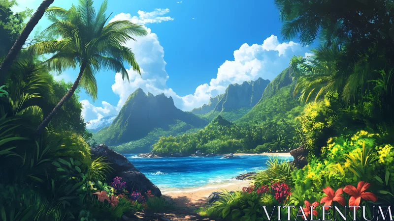 Tropical Valley Bay System with Steep Basaltic Cliffs and Lush Palimated Vegetation.